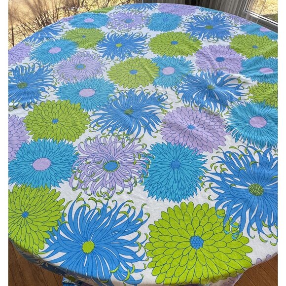 Vintage 1970s fitted/bottom sheet, blue, purple, green floral, full/double size - Picture 1 of 9